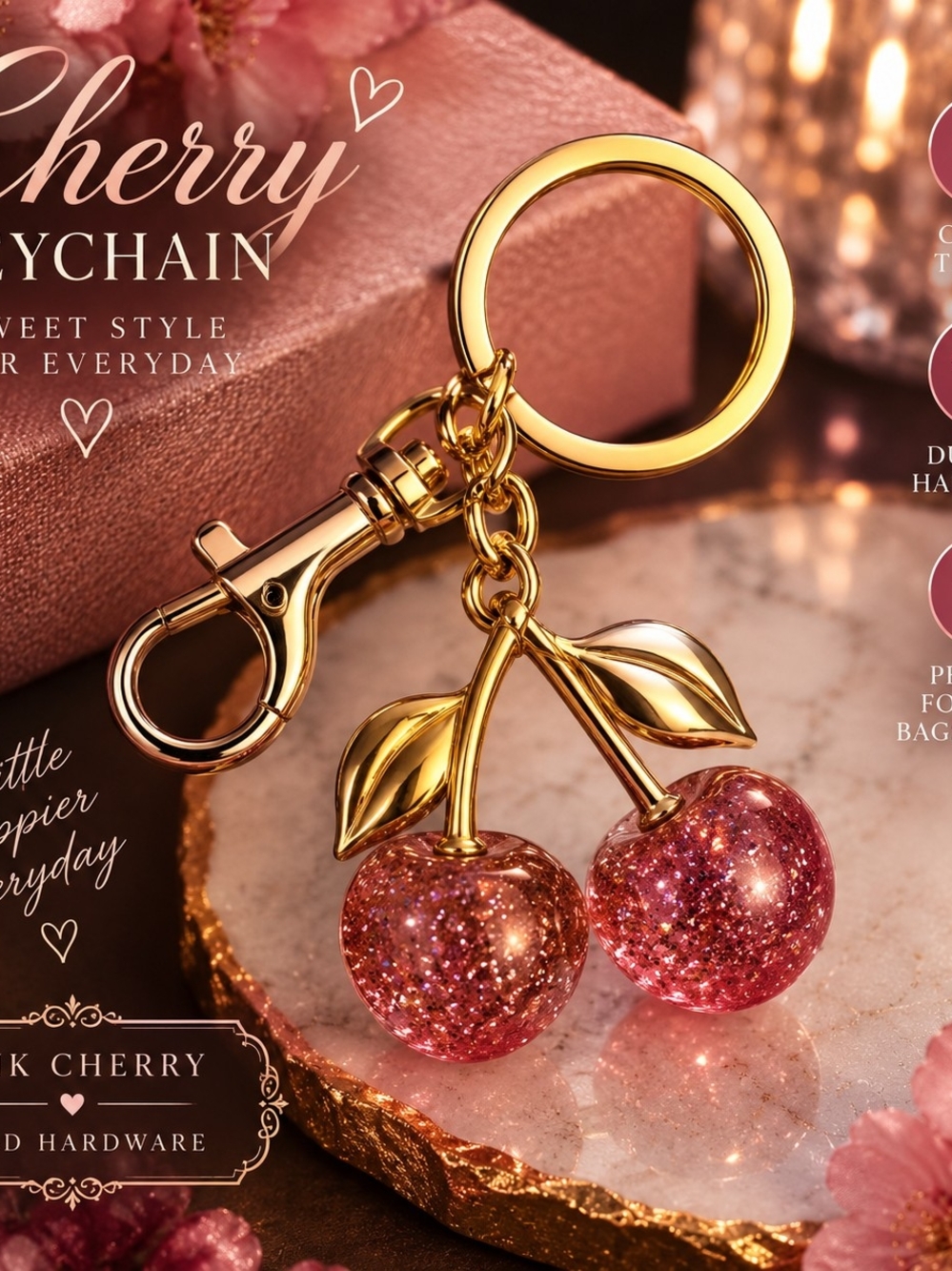 Gold Cherry Keychain Bag Charm - Pink & Gold!!